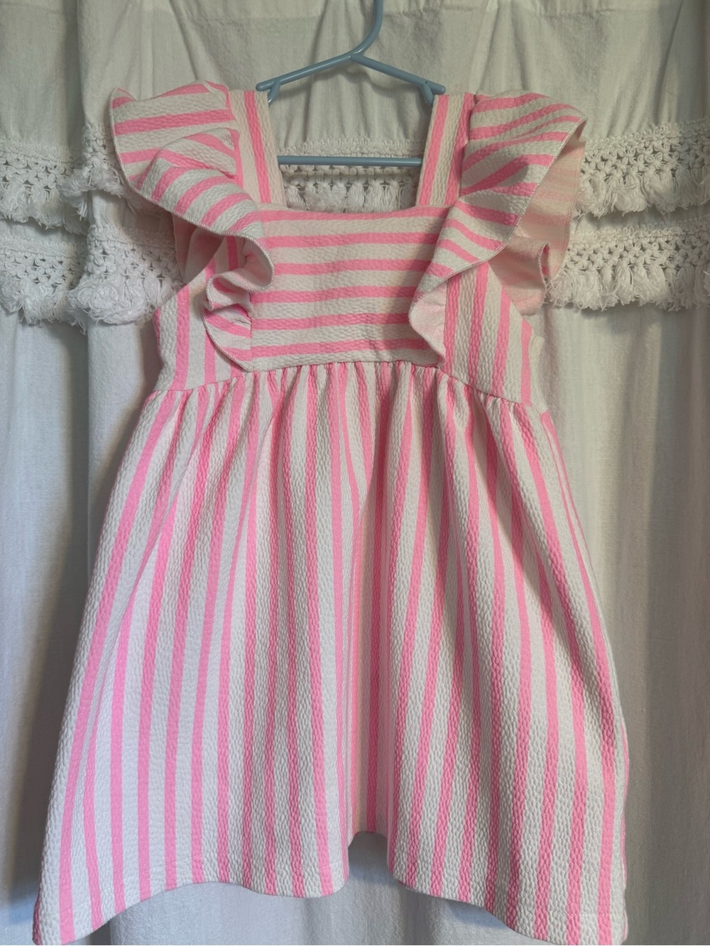 Zara Pink and White Striped Ruffle-Shoulder Dress